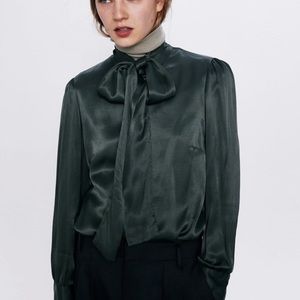 Satin Zara button down blouse with tie neck
